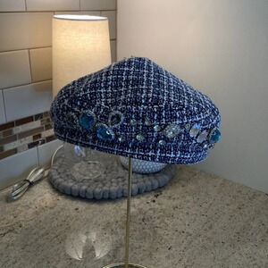 Alice in La La Land Blue Tweed Beret Cap Rhinestones Gems